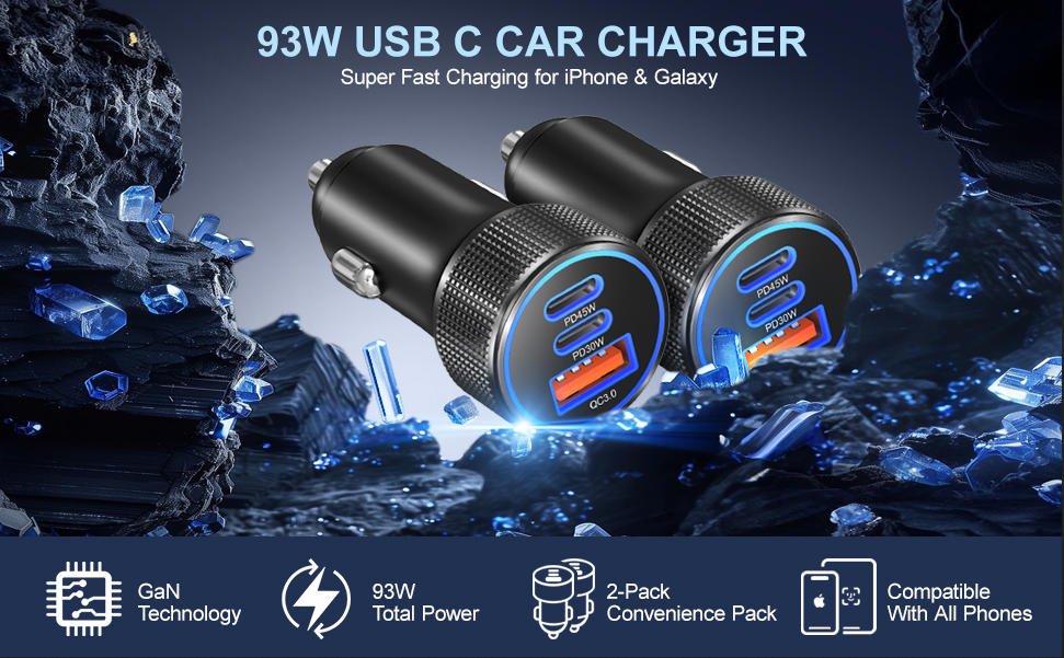 [2 PACK] Car Charger USB C Fast Charge 45W & 30W, 3 in 1 Cigarette Lighter USB Car Charger Adapter [