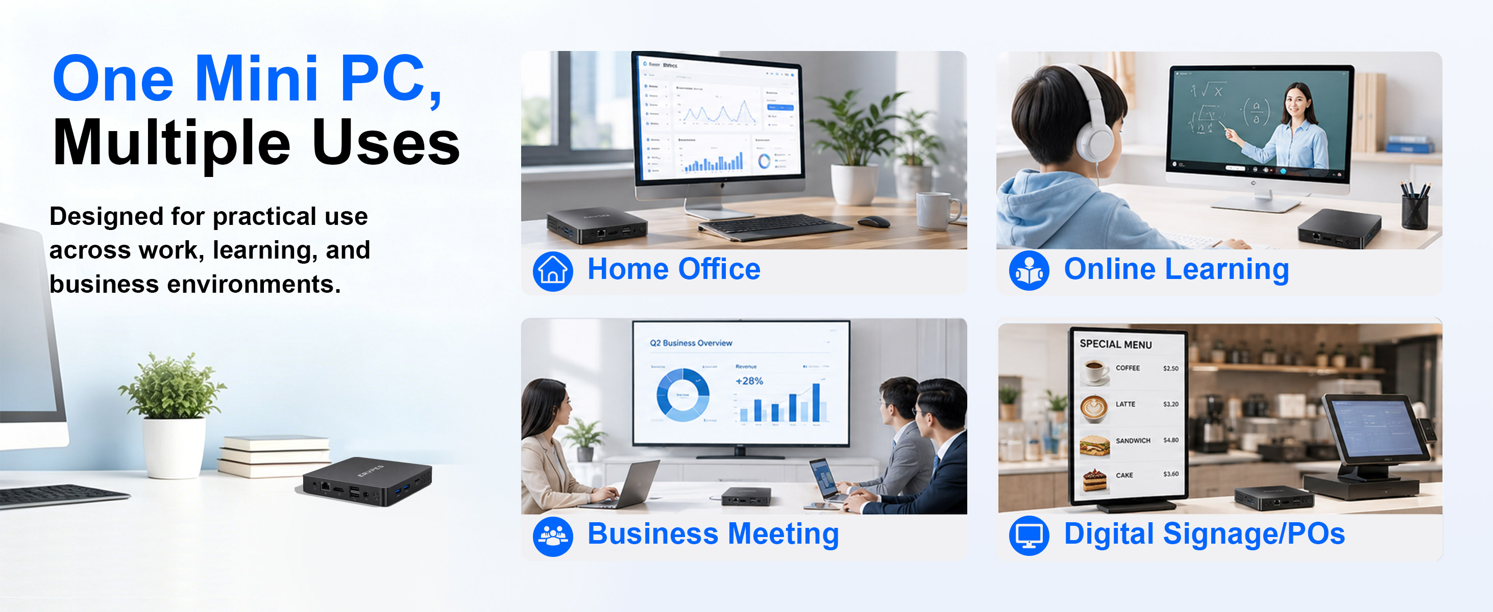 home office, online learning, business meeting, digital signage, point of sale, education