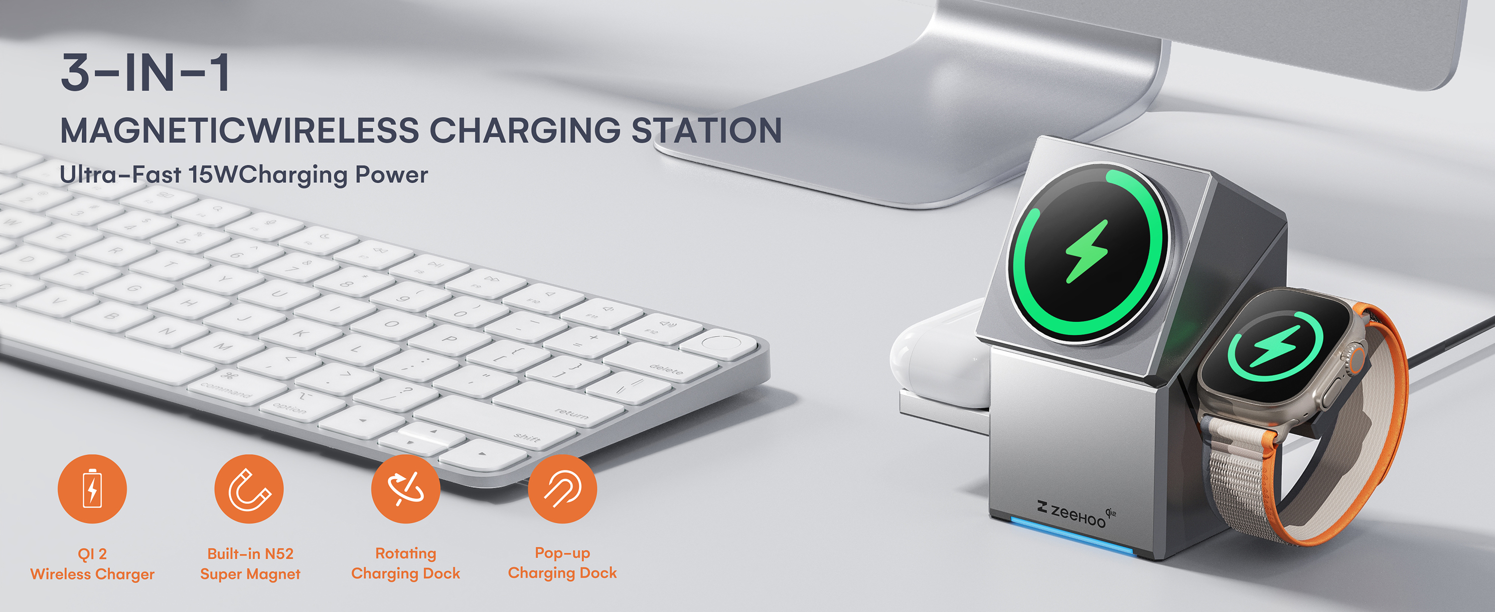 3in1 Wireless Charging, 15w Fast Charging, ZEEHOO, MagSafe Charger