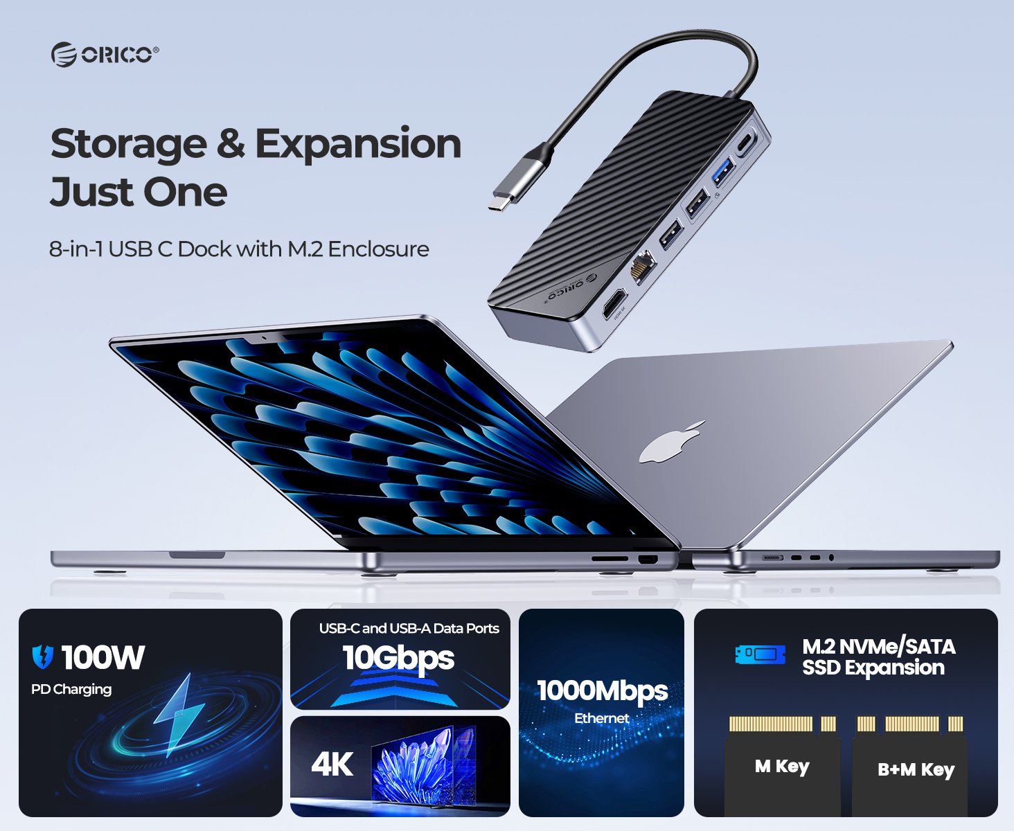 ORICO USB-C Hub with M.2 SSD Enclosure, 8-in-1 USB C Docking Station Fits M.2 NVMe/SATA SSD, 10Gbps,