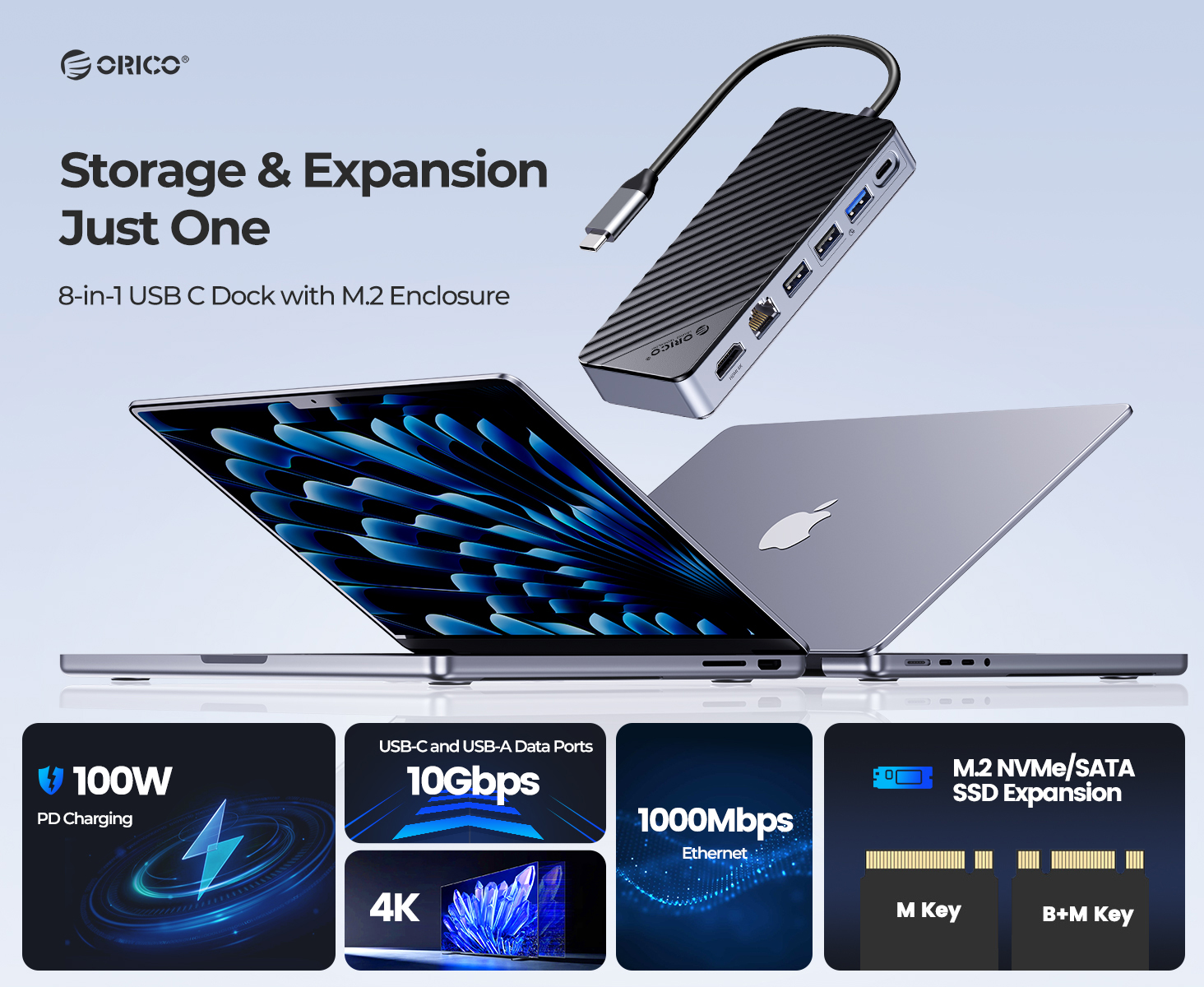 thumbnail image 2 of ORICO 8-in-1 USB-C Docking Station With 4K HDMI, VGA, RJ45, USB 3.0, PD100W 2 of 6