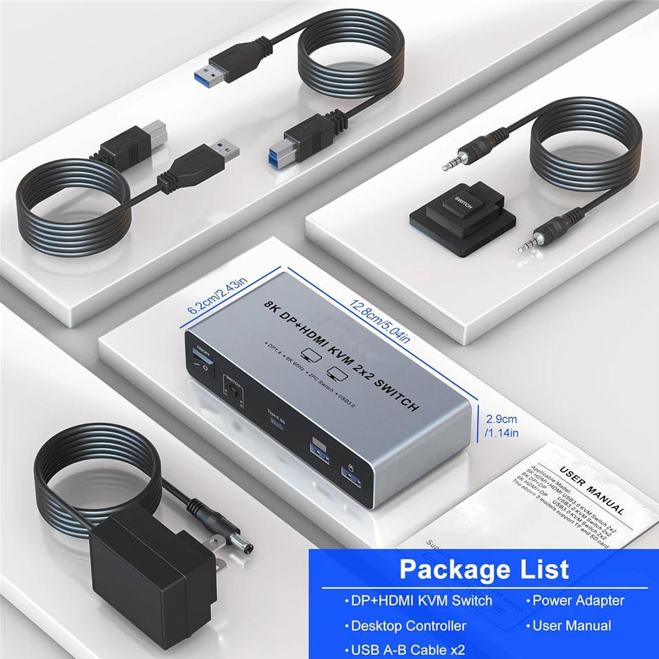 8K@60Hz 4K@120Hz Dual Monitor HDMI + Displayport KVM Switch 2 Monitors 2 Computers, USB 3.0 HDMI DP