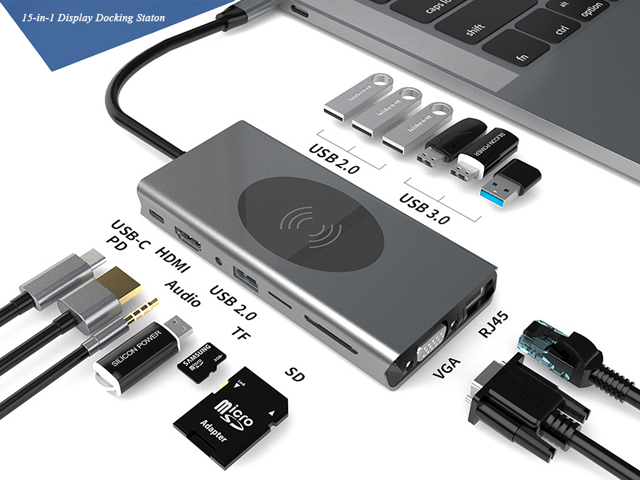 USB C Docking Station for Laptop 10W Wireless charger ,15-in-1 Dock 4K  Display Hub with HDMI, VGA, 3xUSB , 4xUSB ,Audio,PD,  Ethernet,Compatible with Thunderbolt 3/4 Laptop and Dell&HP&Lenovo&Mac  Docking Stations 