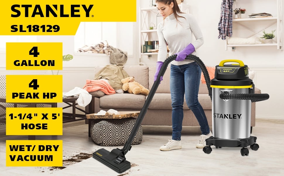 Stanley SL18129 Portable Stainless Steel 4 Gallon Wet Dry Floor Vacuum  Cleaner 