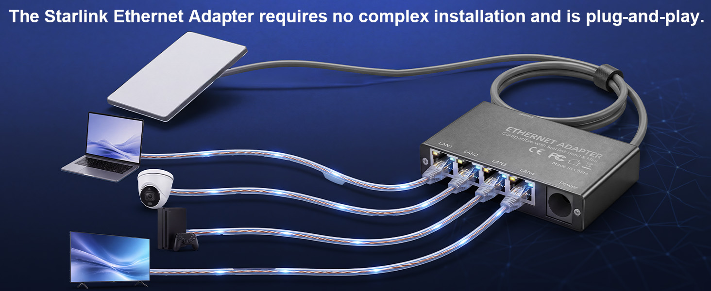 Ethernet Adapter for Starlink Gen3/Mini, 4 Port RJ45 GbE Network Splitter Starlink Mini Ethernet Ada