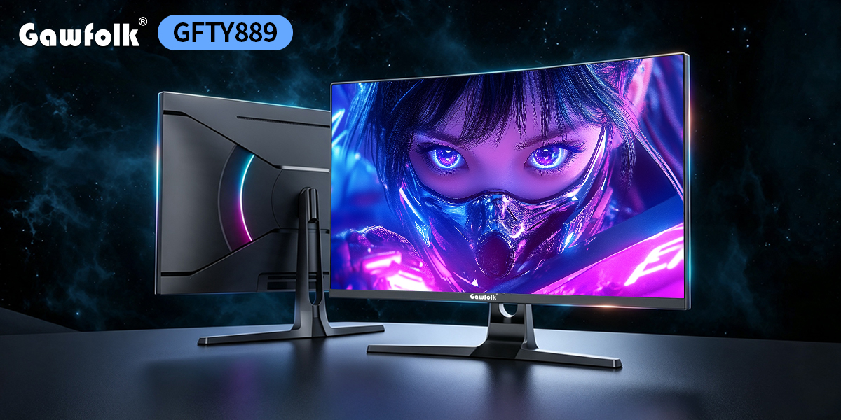 Gawfolk GFTY889 32-inch curved gaming monitor, sleek modern design with RGB ambient lighting on rear