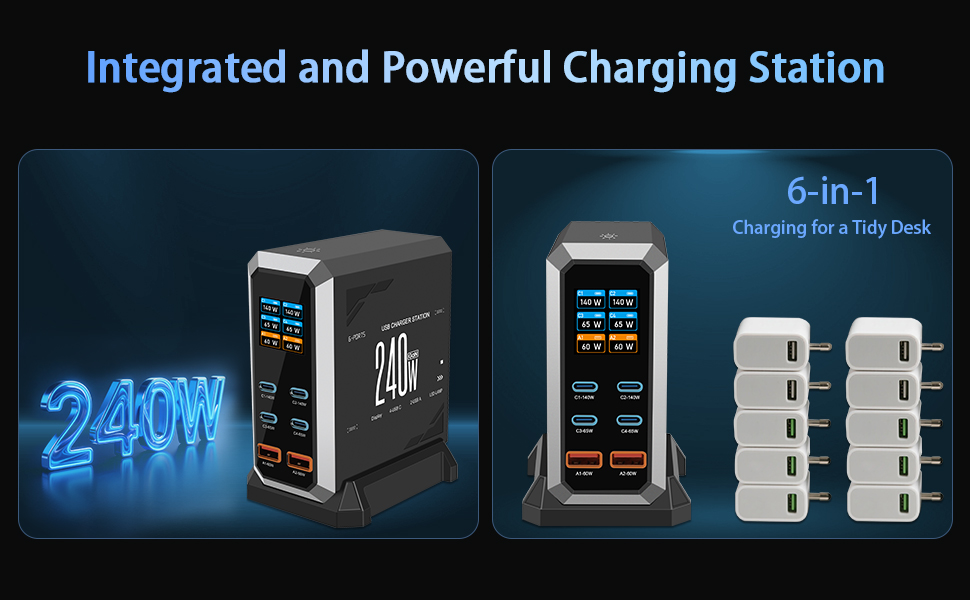 USB C Charger Block, 240W GaN USB C 6-Port Charger Station, Laptop Power PD Adapter with Touch Contr