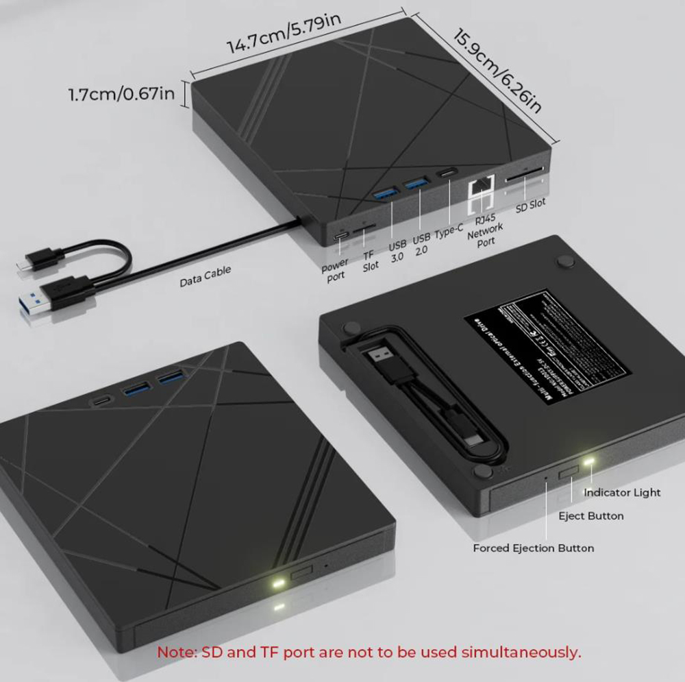 External CD/DVD Drive For Laptop PC USB3.0 Portable DVD Player With LAN/SD/TF Ports CD Reader