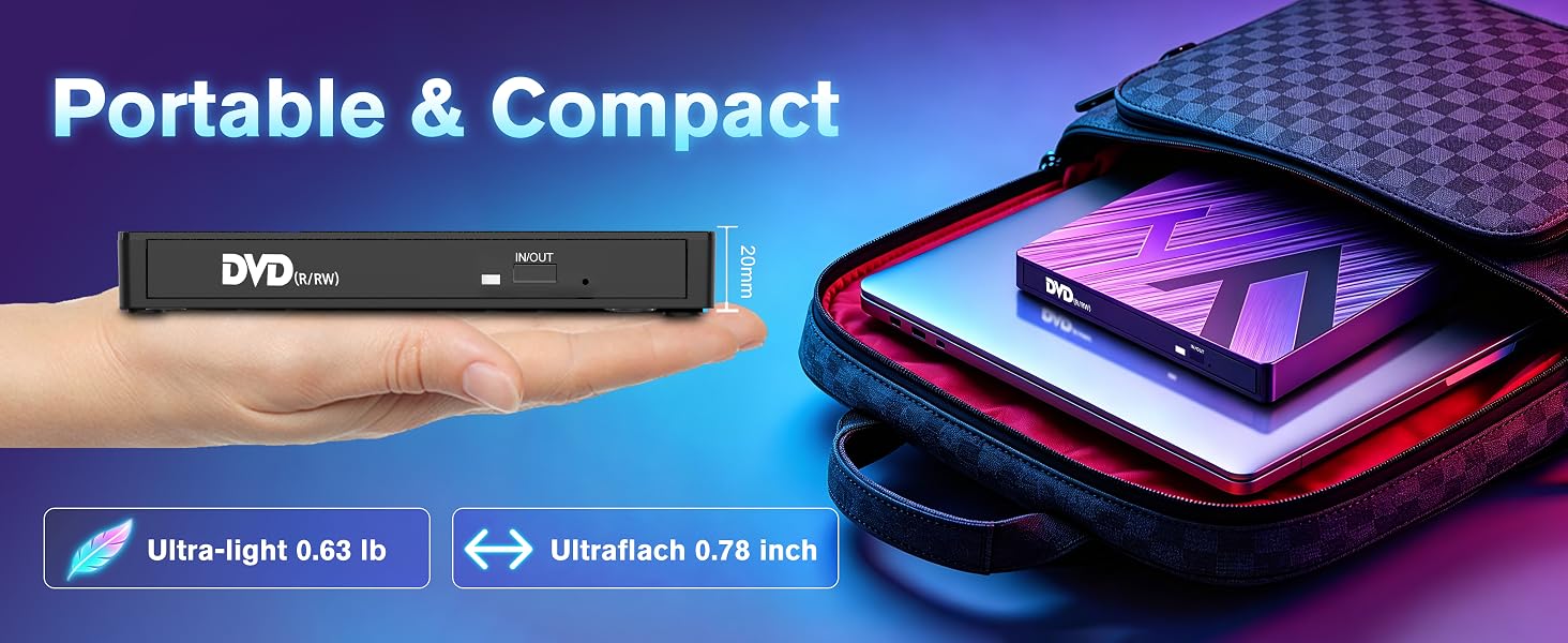 7 in 1 External CD DVD Drive USB 3.0 Type-C Slim Portable Player CD DVD RW Burner Writer Reader with