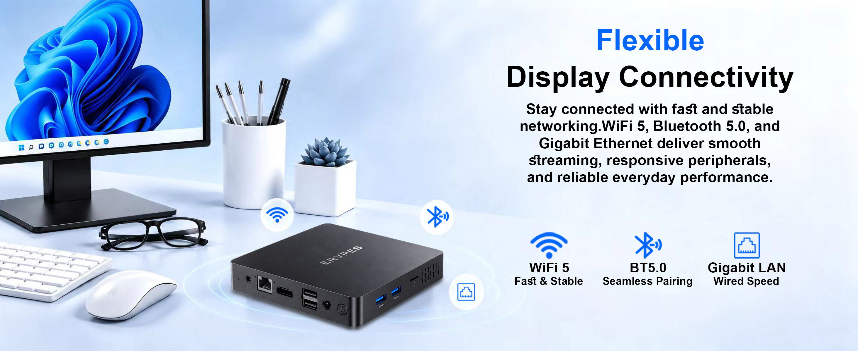 Mini PC, WiFi 5, Bluetooth 5.0, Gigabit Ethernet, Gigabit LAN, wireless networking, wireless periphe