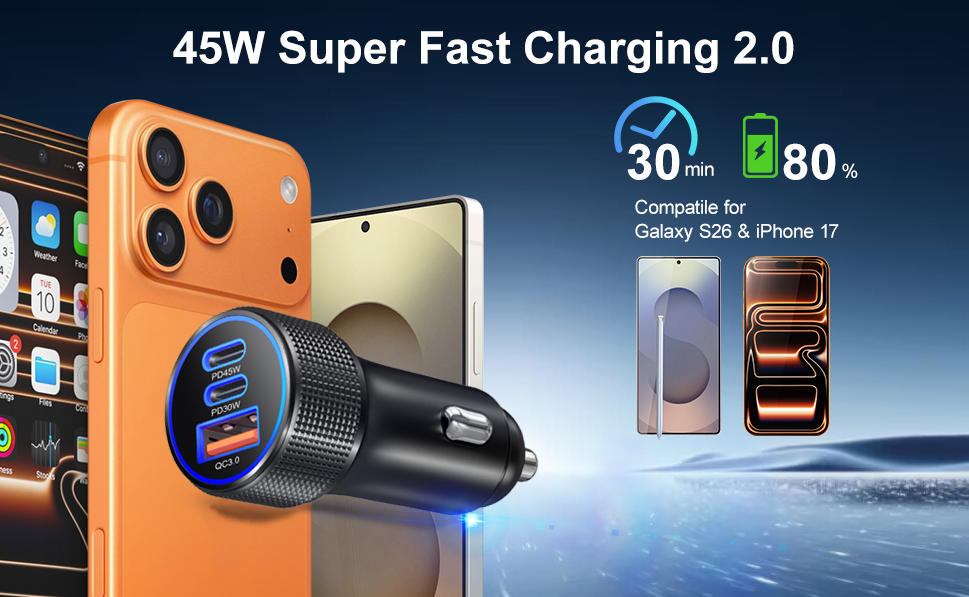 [2 PACK] Car Charger USB C Fast Charge 45W & 30W, 3 in 1 Cigarette Lighter USB Car Charger Adapter [