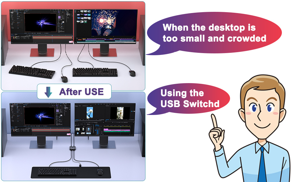 USB Switch 2 in 2 Out, USB Switcher 2 Computers Sharing Keyboard and Mouse Printer Scanner Webcam, P