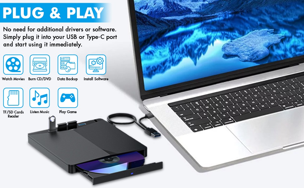 External CD DVD Drive for Laptop [7 in 1], Portable DVD Player for Laptop, USB 3.0 Type C
