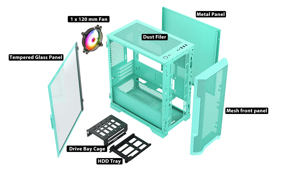 Vetroo M03 Compact Computer Case Micro ATX Mini ITX Mint Green Gaming PC Case Rear 120mm ARGB