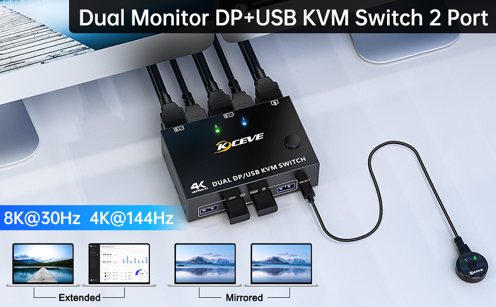 2 Ports Dual Monitor displayport KVM Switch,2 computers share 2 monitors and 4 USB3.0 devices.