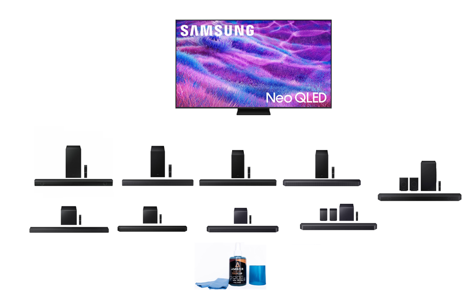 Samsung QN80FA Series TV with Samsung Soundbar and Amber Screen Cleaner