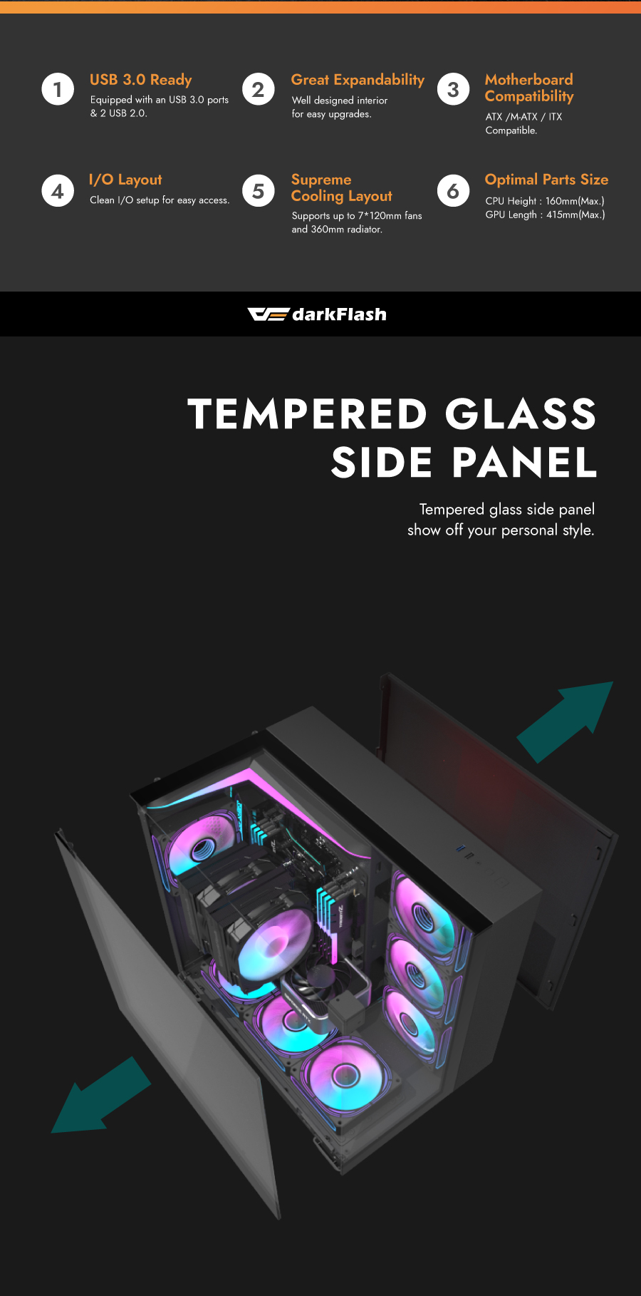 darkFlash TH285,ATX Mid-Tower Gaming Case,Triple-Sided Tempered Glass, 4× Pre-Installed Fans