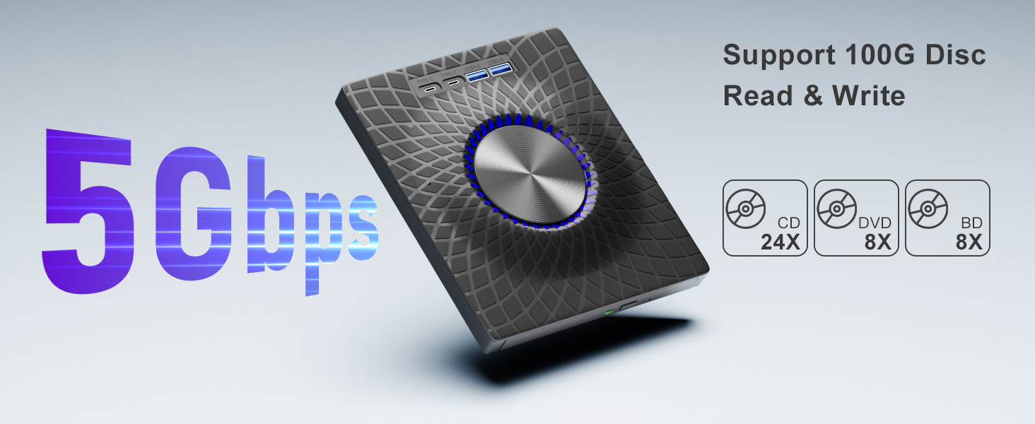 External Blu-ray Drive, 7-in-1 External DVD Drive with 2 USB A & 2 USB C Ports