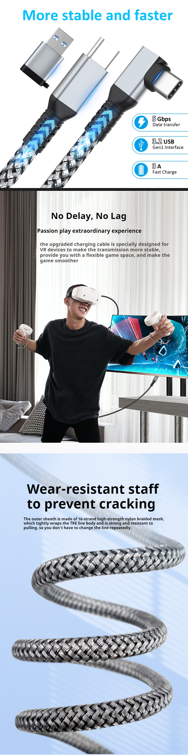the upgraded charging cable is specially designed for VR devices to make the transmission more stabl