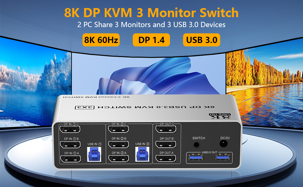 8K@60Hz Displayport KVM Switch 3 Monitors 2 Computers 4K@144Hz, Triple Monitor DP KVM Switch for 2 C