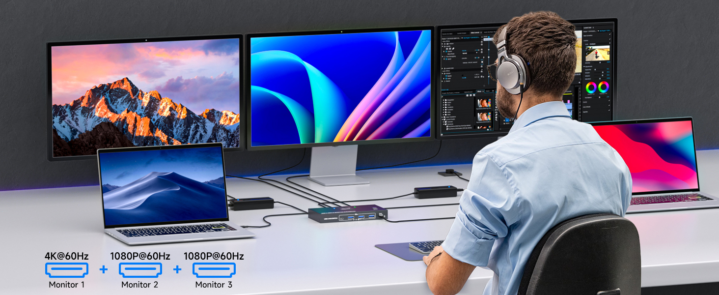 AUTYUE USB C KVM Switch 3 Monitors 2 PCs 4K/1080P@60Hz,USB-C Triple Monitor KVM Switches