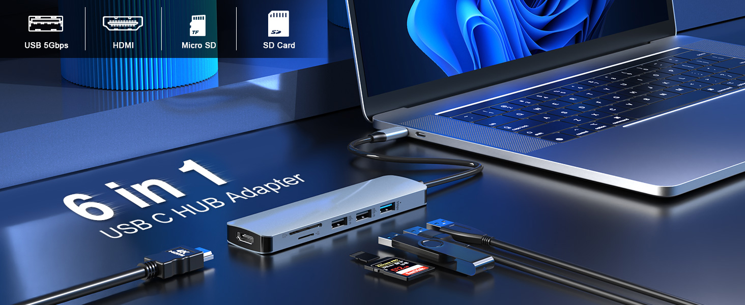 6 in 1 USB C Hub Multiport Hub