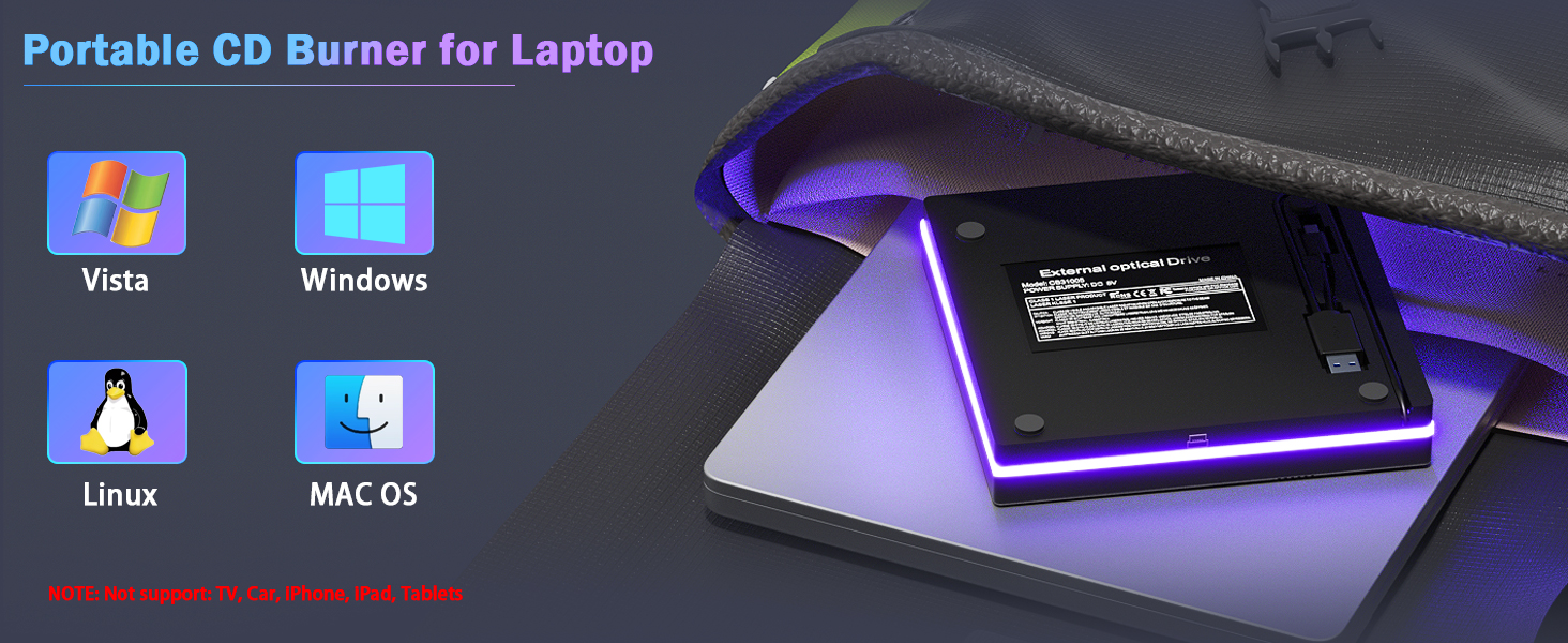RGB External CD/DVD Drive for Laptop, USB 3.0 Type-C External CD DVD Drive, Portable DVD Player, CD