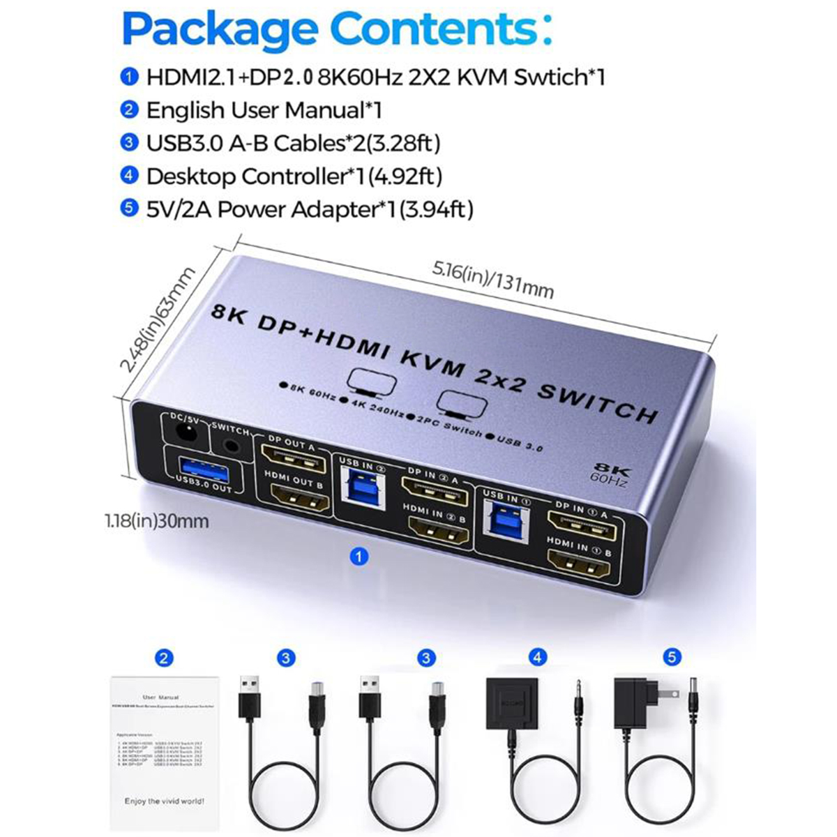 HDMI + Displayport KVM Switch 2 Computers 2 Monitors, Aluminum 8K@60Hz Dual Monitor KVM Switcher