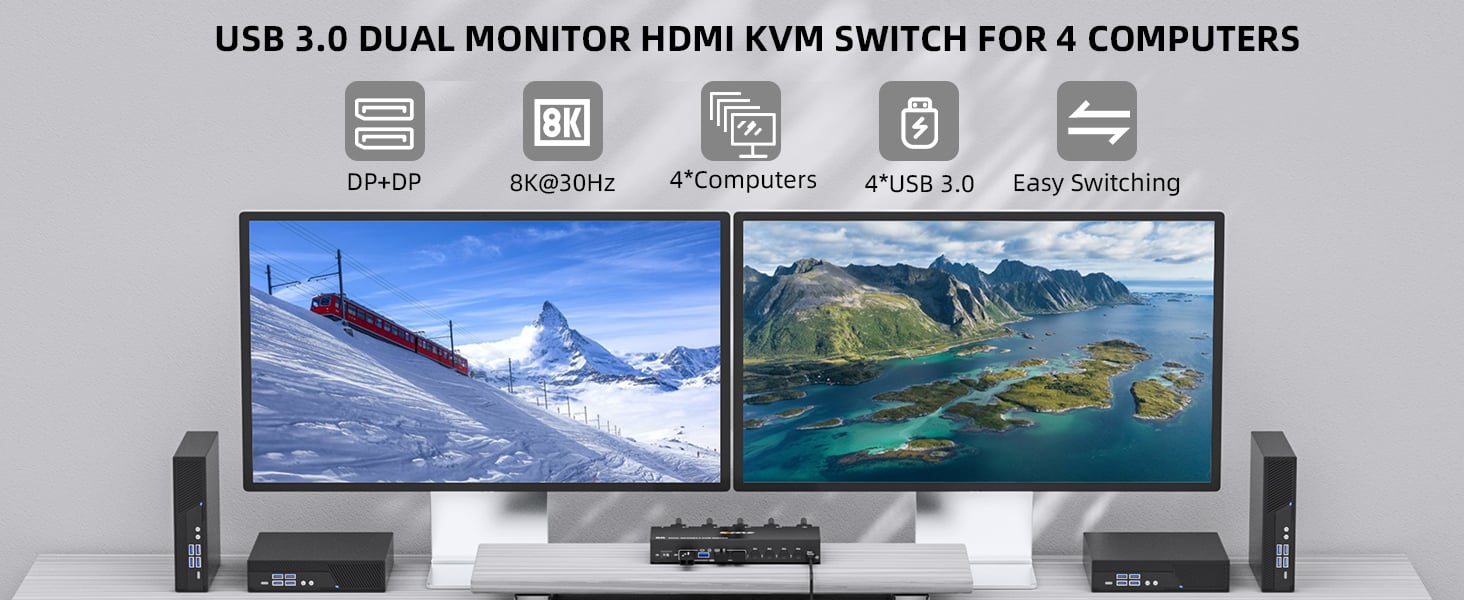 Dual monitor DP 1.4 KVM switch allows 4 computers to share 1 set of keyboard mouse and 2 monitors fo