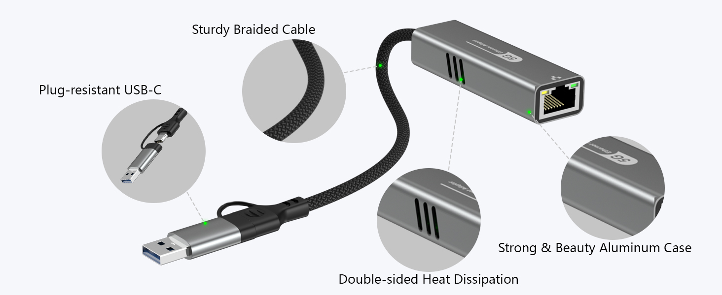 USB to Ethernet Adapter 5Gbps, Aluminum Driver Free USB-C to RJ45 5000Mbps Gigabit Ethernet LAN Netw