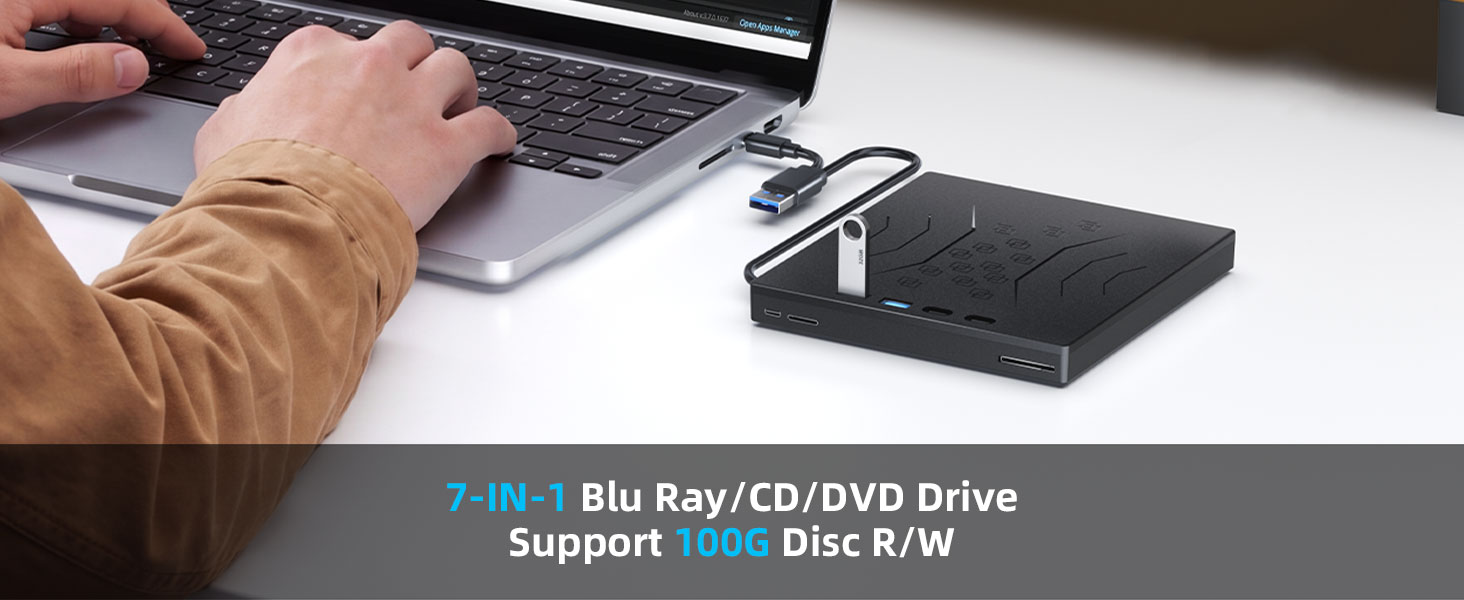 7 in 1 External Blu Ray Drive, Support 100G Disc R/W Portable Blu Ray Player with USB 3.0 Type-C, CD