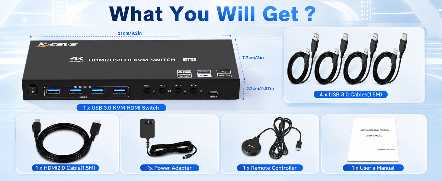 4 Port HDMI KVM Switch 4 Computers 1 Monitor 4K@60Hz, EDID Simulation USB 3.0 KVM Switch with Wired