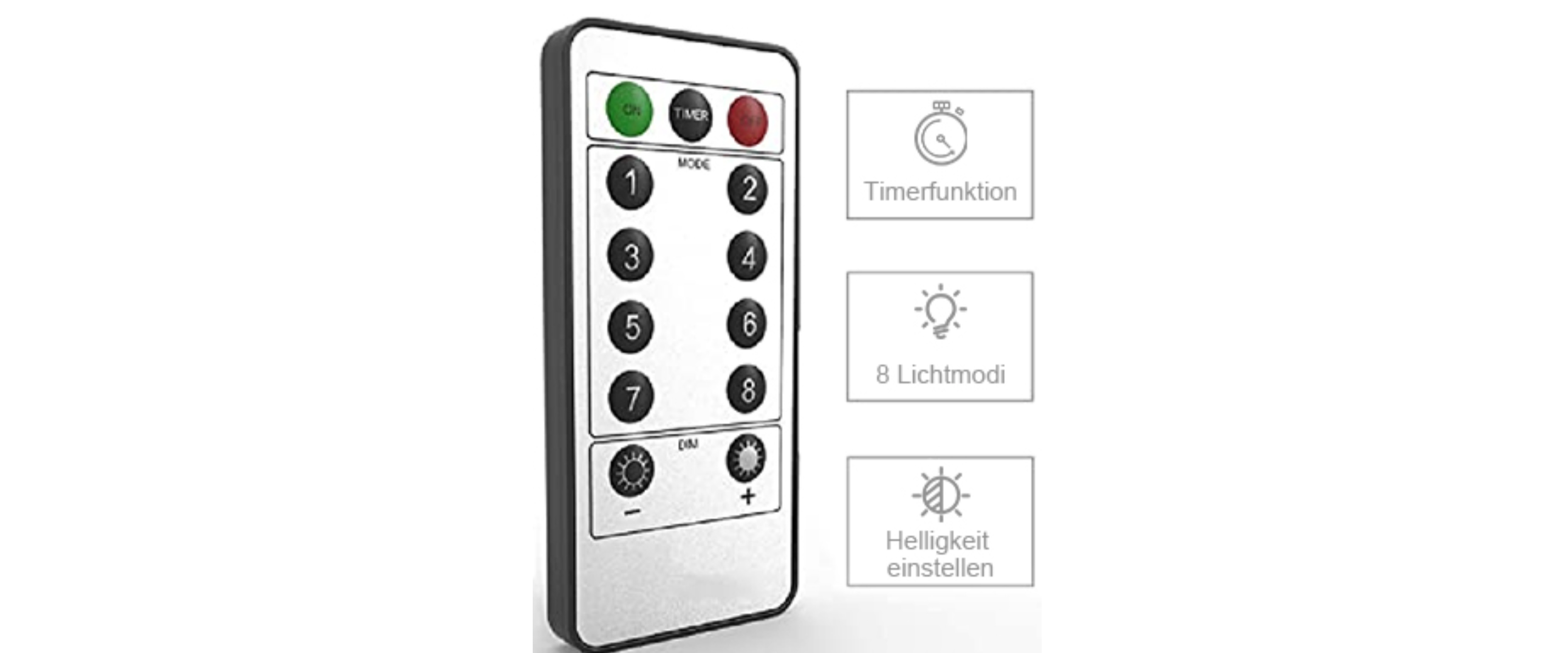 Wireless remote control with timer, 8 light modes and brightness adjustment for fairy lights