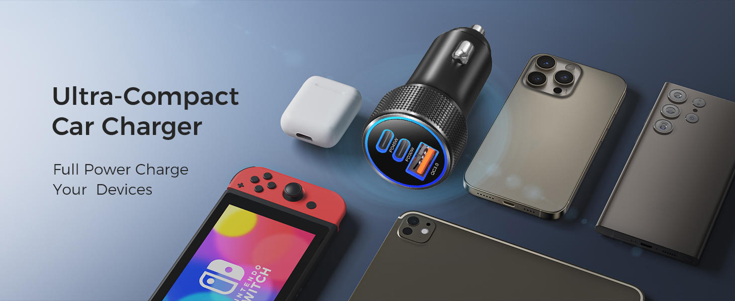 93W Car Charger USB C Fast Charge, PD45W/PD30W 3 Ports Fast Car Phone Charger|Dual USB-C & USB-A Fas