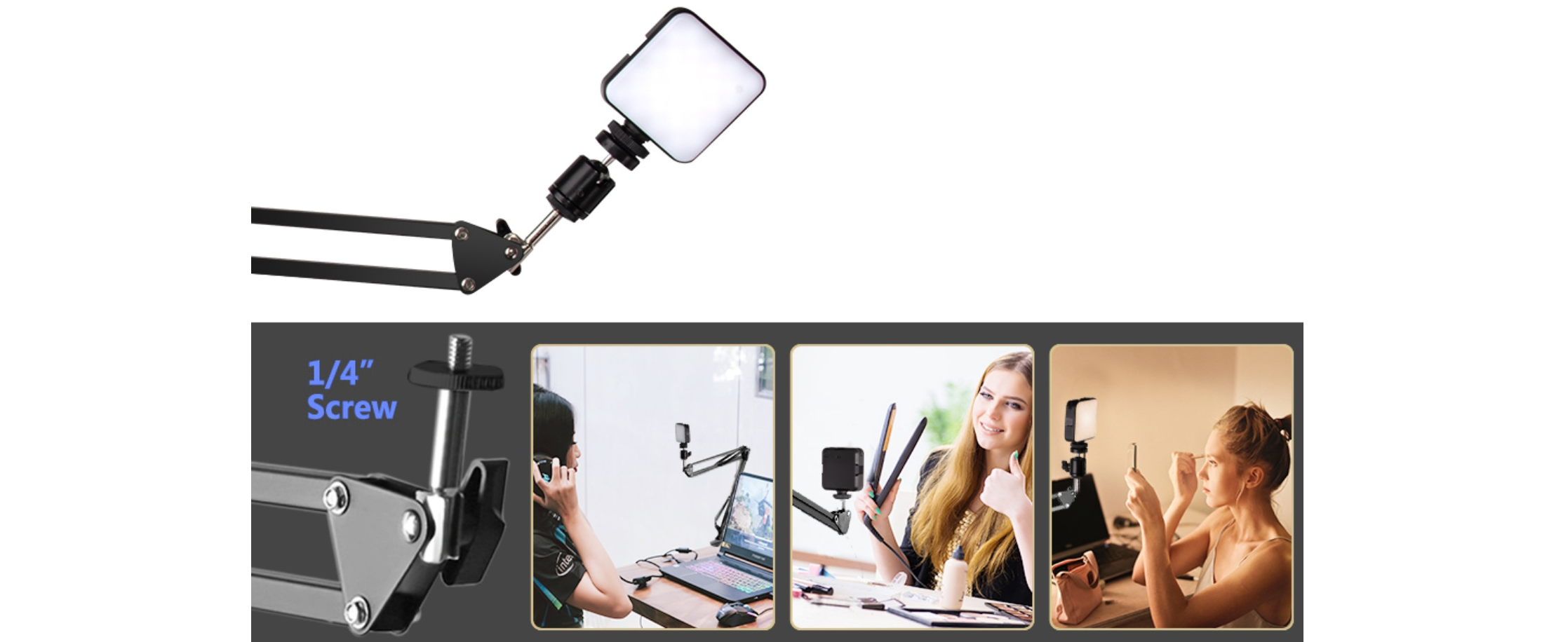 EACH 1/4" screw mount, boom arm + fill light, live stream, makeup, gaming