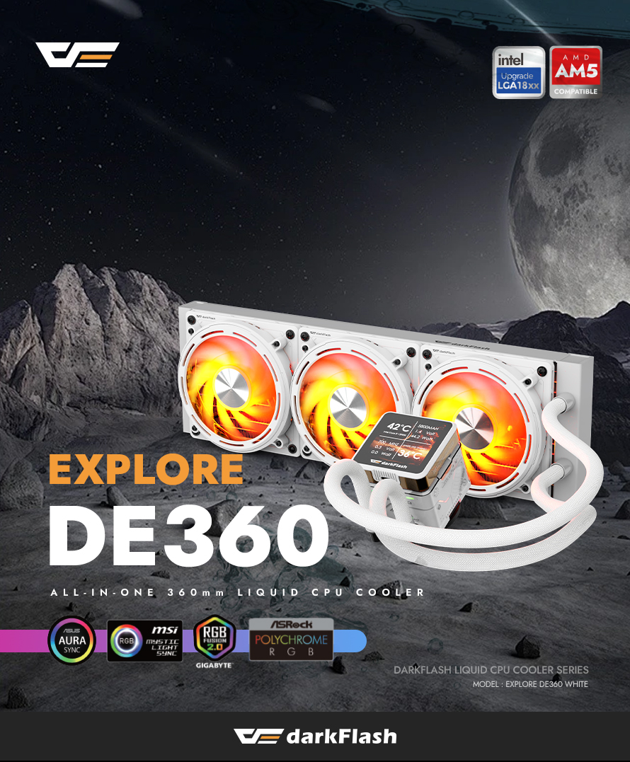 darkFlash DE360 360mm AIO Liquid CPU Cooler 2.88" IPS Display 5V ARGB Lighting Copper Water