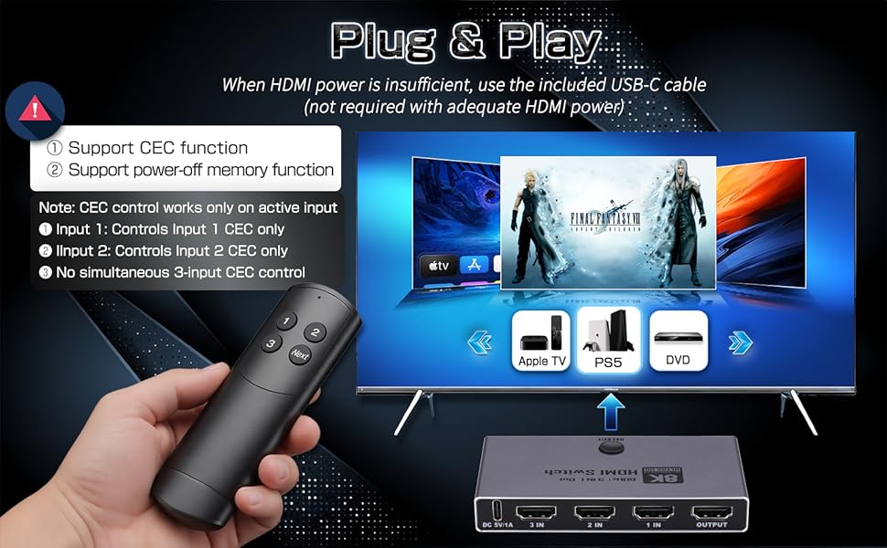 Features:  1. This product is an 8K@60Hz HDMI 2.1 Switch 3 In 1 Out switch  2. Plug-and-play compat