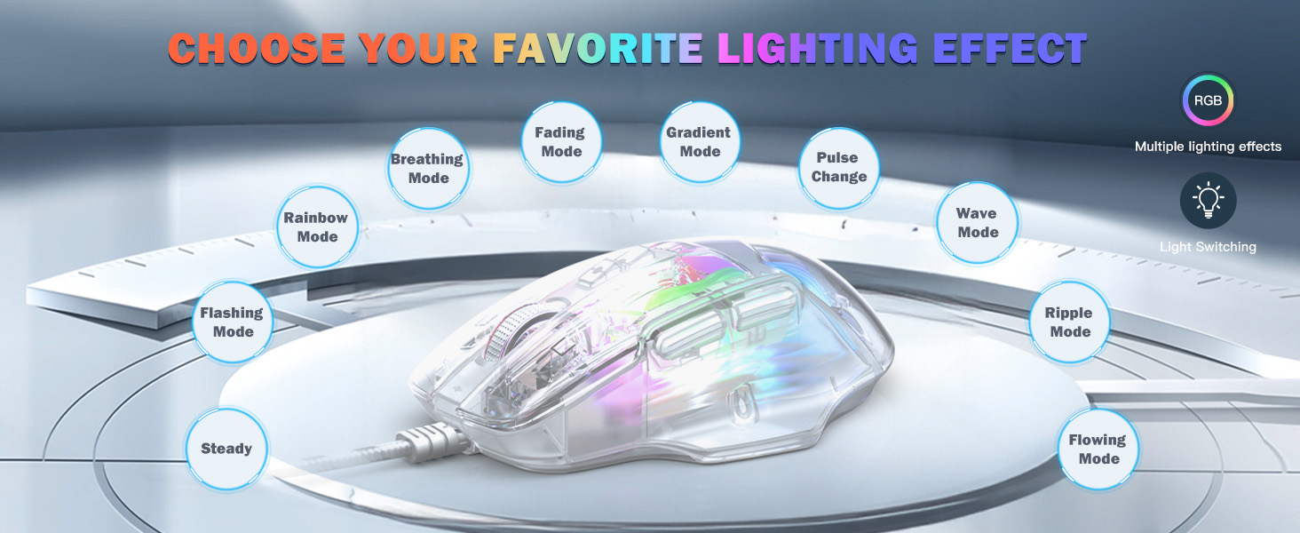 Hitoor Gaming Mouse with Transparent Crystal Shell, Customizable RGB LED Lights, Wired USB Optical O