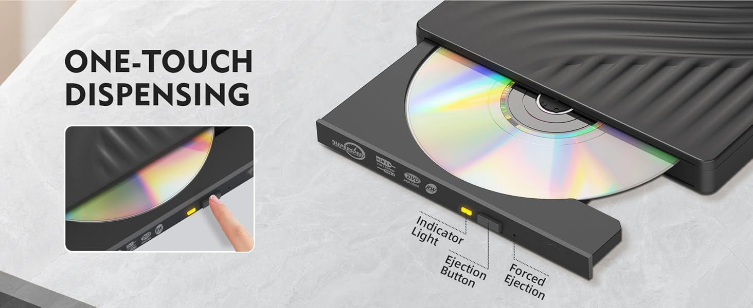 Multi-Function External CD/DVD Drive with 3 USB A, 1 USB C & SD Card Reader, Portable DVD Player Bur