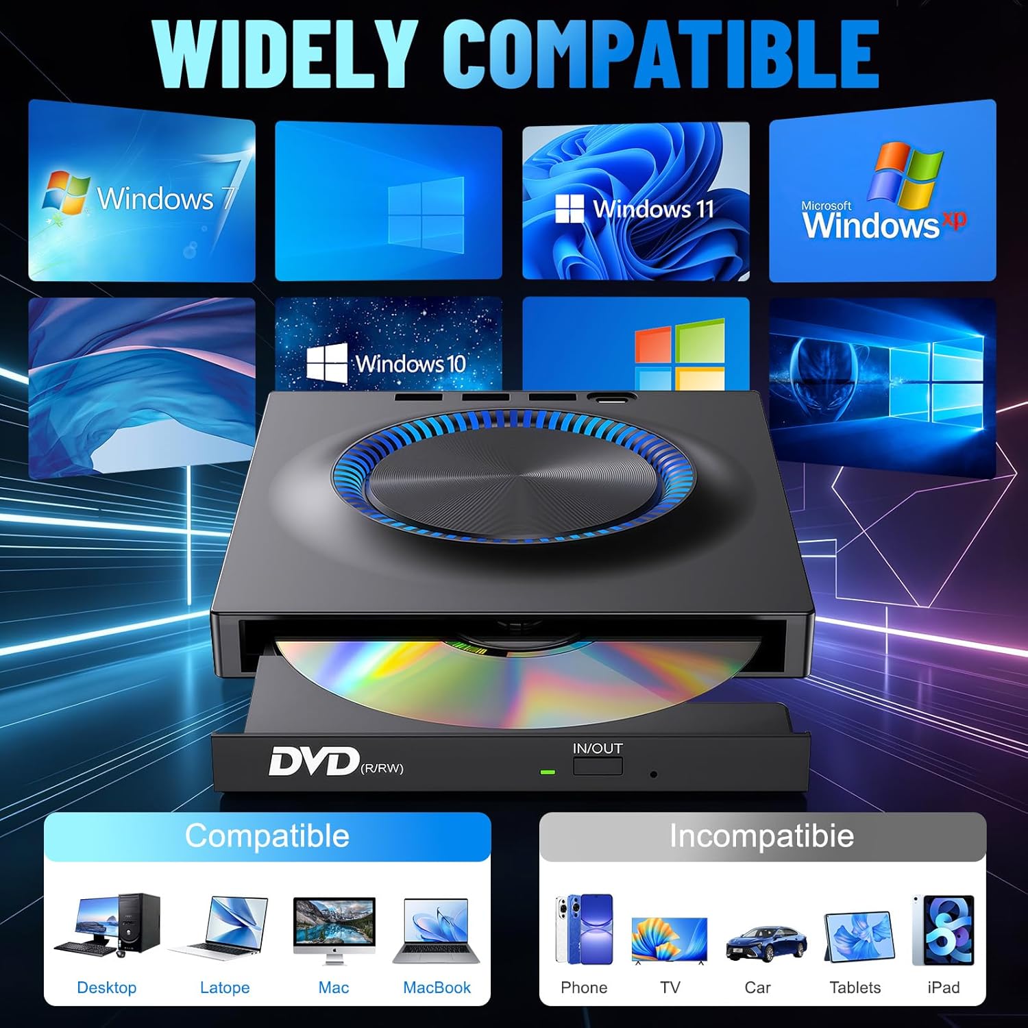 External Blu-ray DVD Drive, 7-in-1 Bluray/DVD/CD Burner With RGB Ambient Light, Portable Ultra-Slim