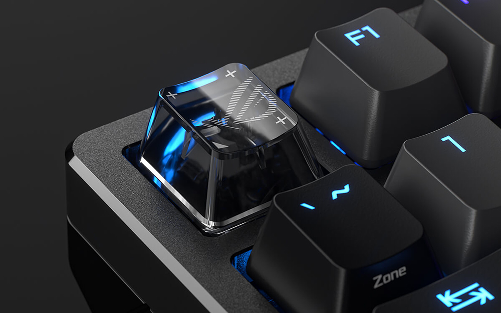 Translucent ROG-themed ESC keycap with ROG markings on the Azoth 96 HE