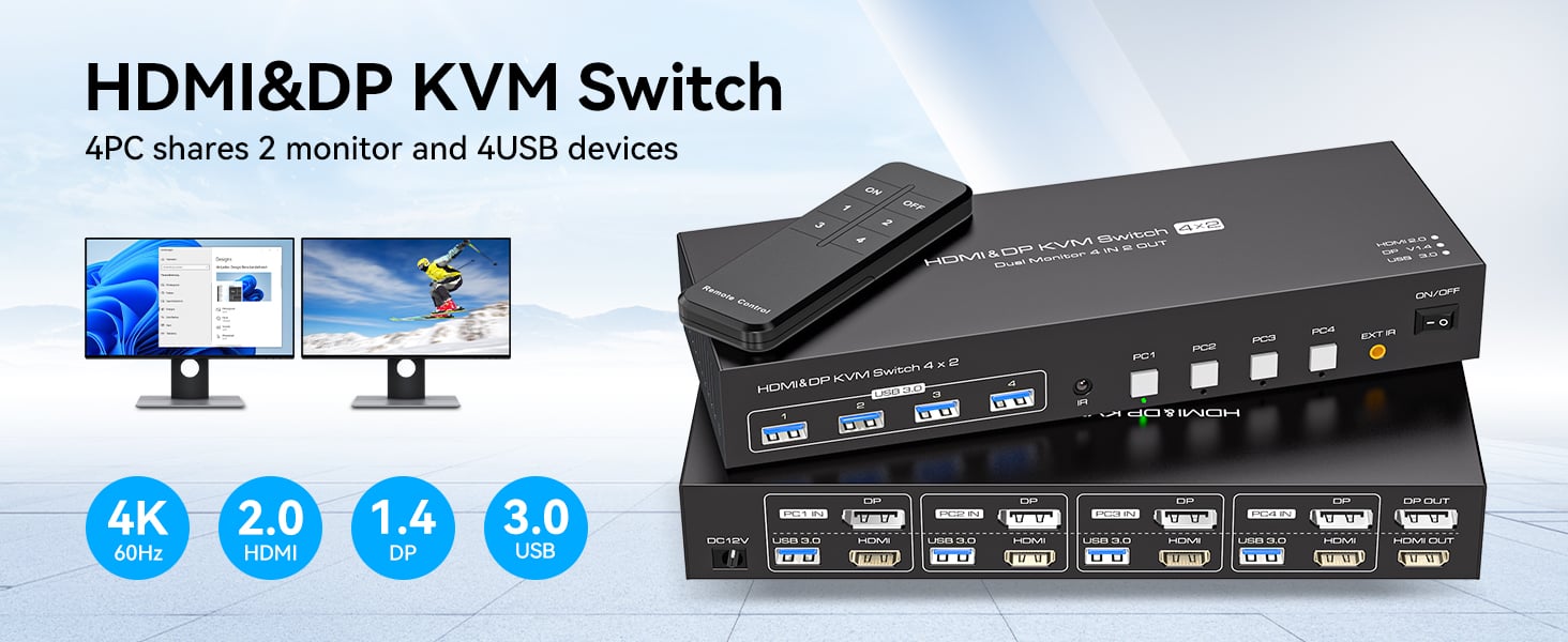 HDMI+DisplayPort kvm Switch 4 Computers 2 Monitors