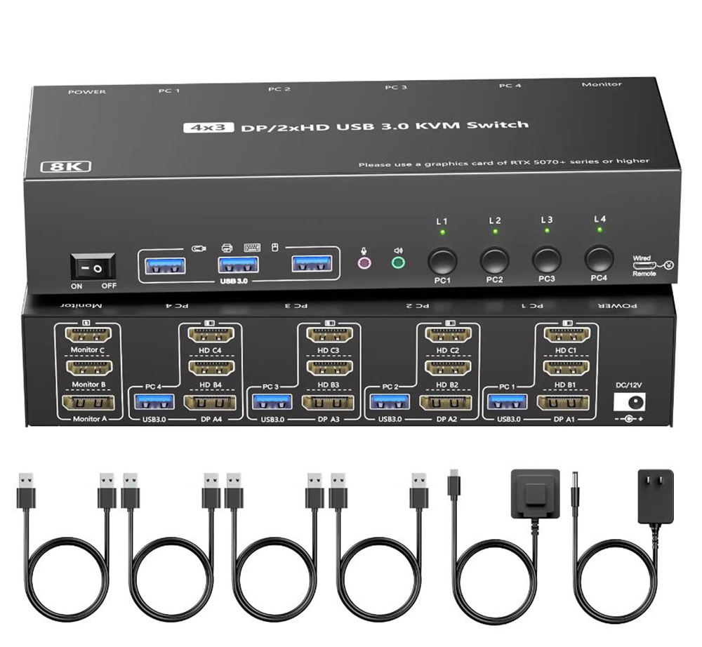 4K@144Hz Triple Monitor KVM Switch 3 Monitors 4 Computers, 8K@60Hz 2 HDMI + DisplayPort USB 3.0 KVM