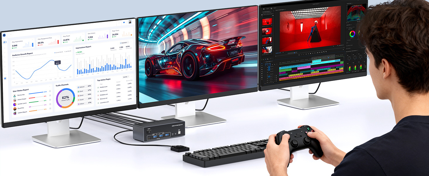 8K@60Hz 2 HDMI + Displayport KVM Switch 3 Monitors 2 Computers