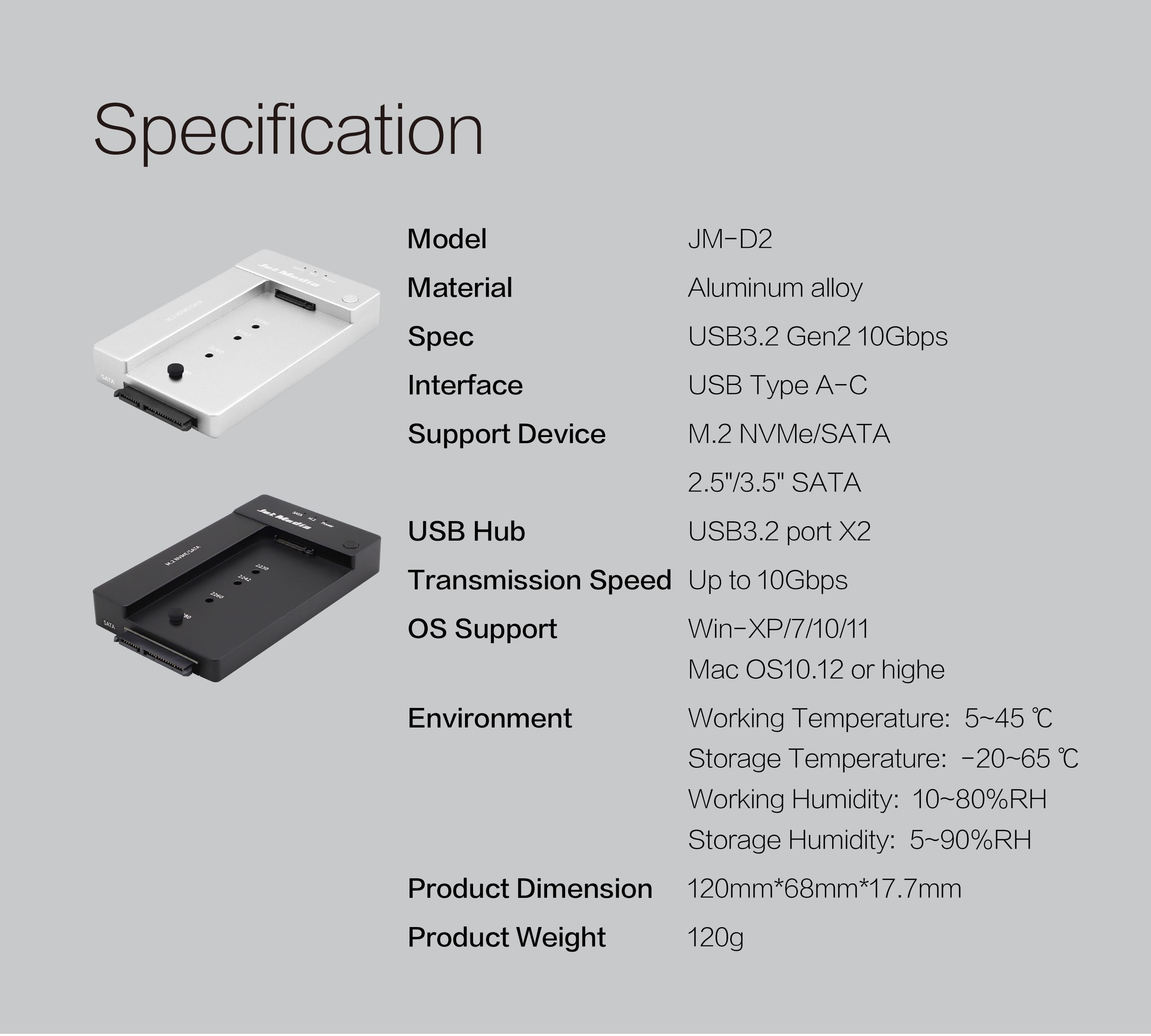 JM-D2 M.2 NVME SATA USB3.2 Docking Station