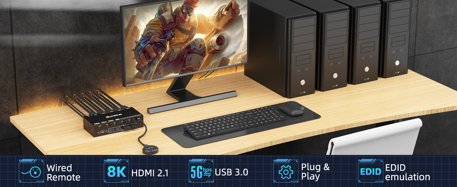 HDMI KVM Switch 4 Computers 8K@60Hz 4K@144Hz, Simulation EDID, 4 Port HDMI USB 3.0 KVM Switch with A