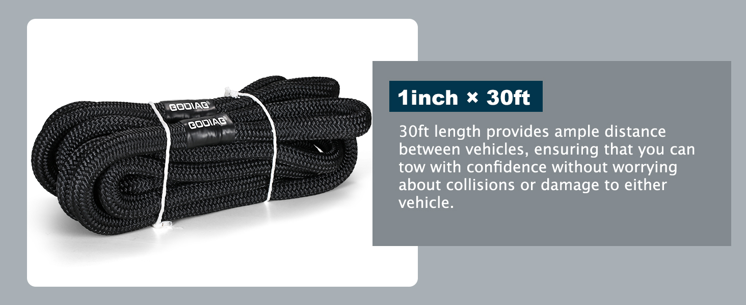 GODIAG 1"×30ft Kinetic Recovery Tow Rope (36500lbs) Heavy Duty Energy Rope with 2 Soft Shackles