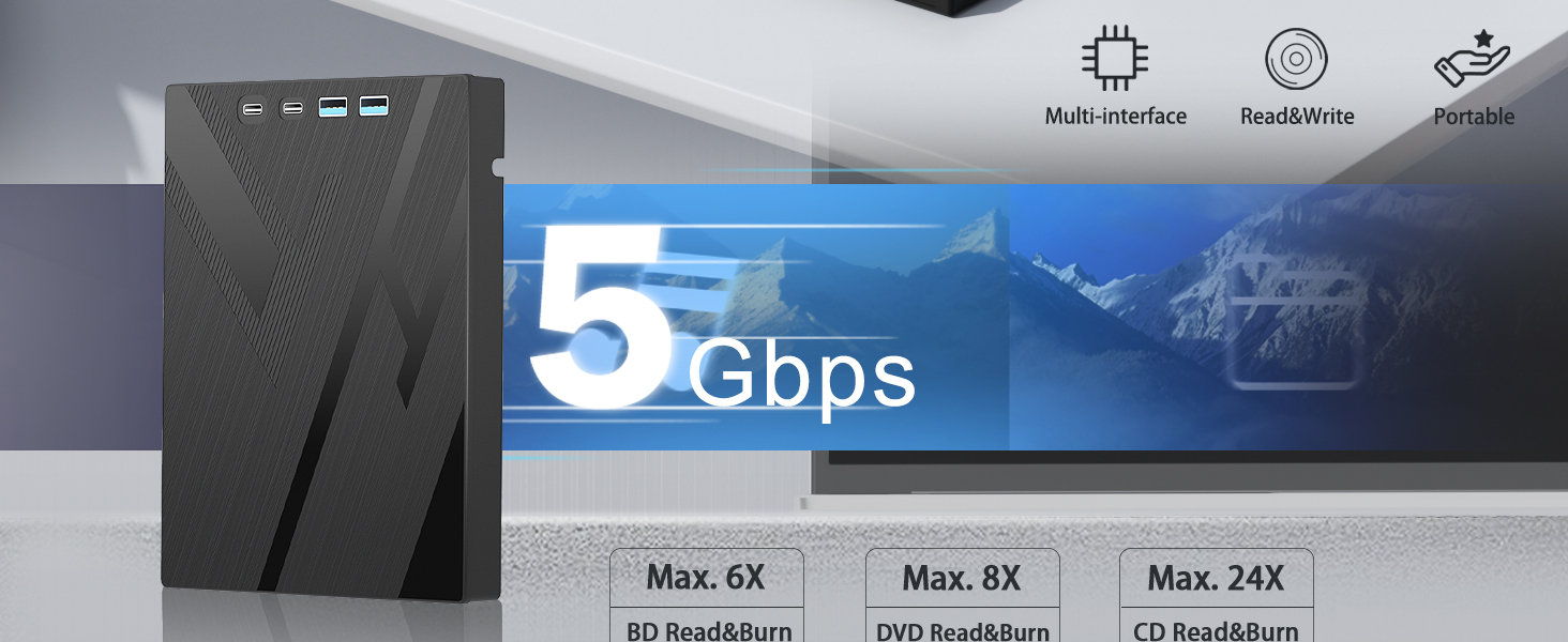 7 in 1 External Blu Ray Drive, USB 3.0 & Type C External Blueray/DVD Drive for PC with SD/TF Port Bl