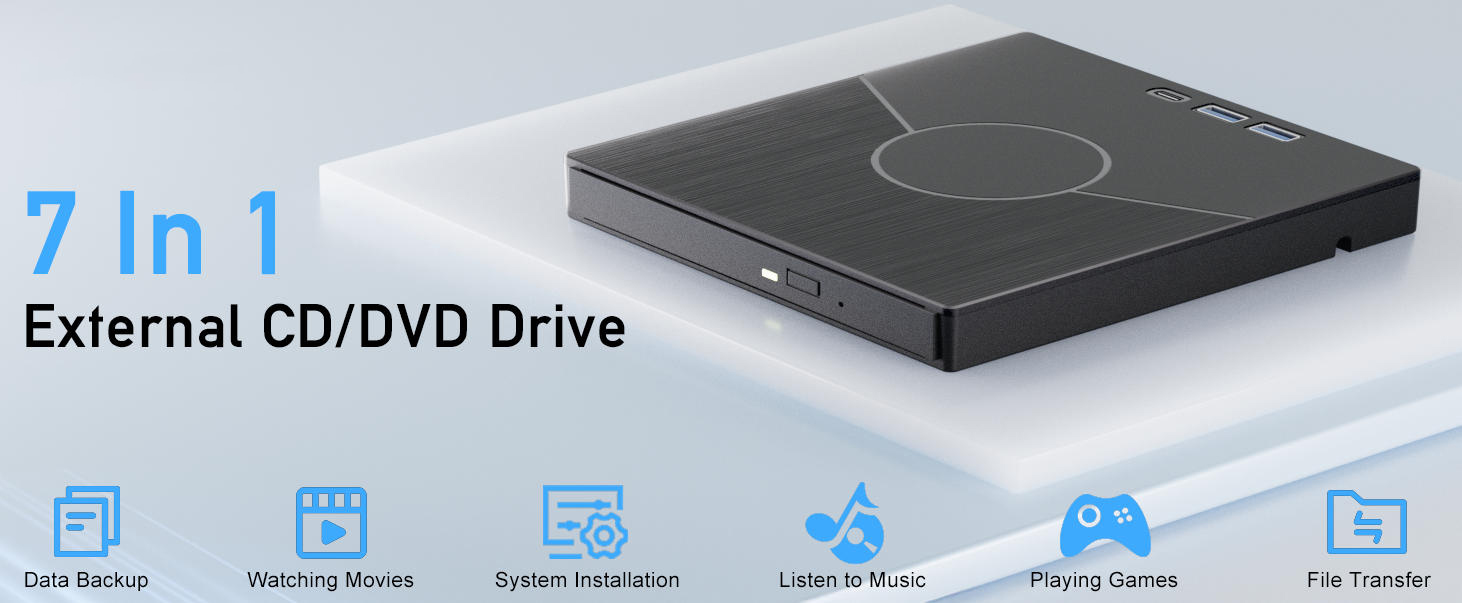 7 In 1 External CD Drive for Laptop, USB 3.0 & Type-C CD Rom External Drive