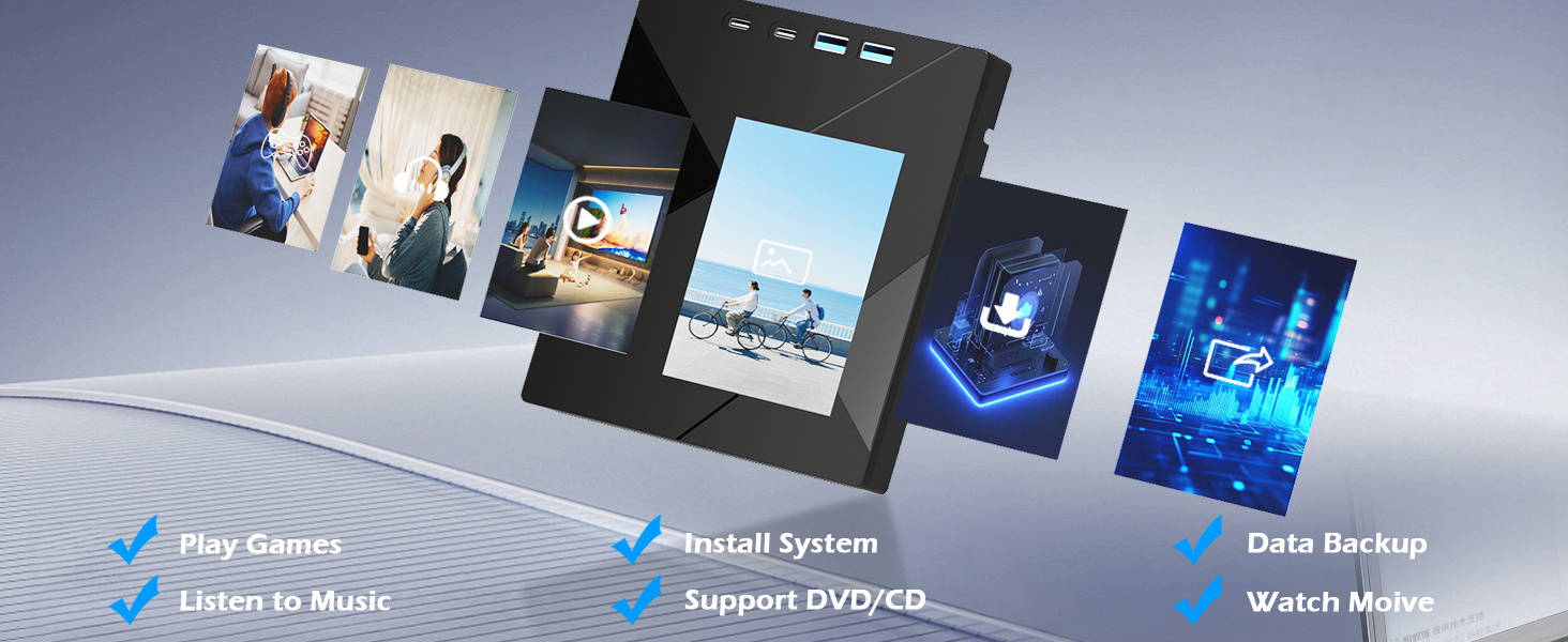 [7 in 1] External CD/DVD Drive for Laptops, Portable DVD Player for Laptop with 2 USB A, 2 USB C & S